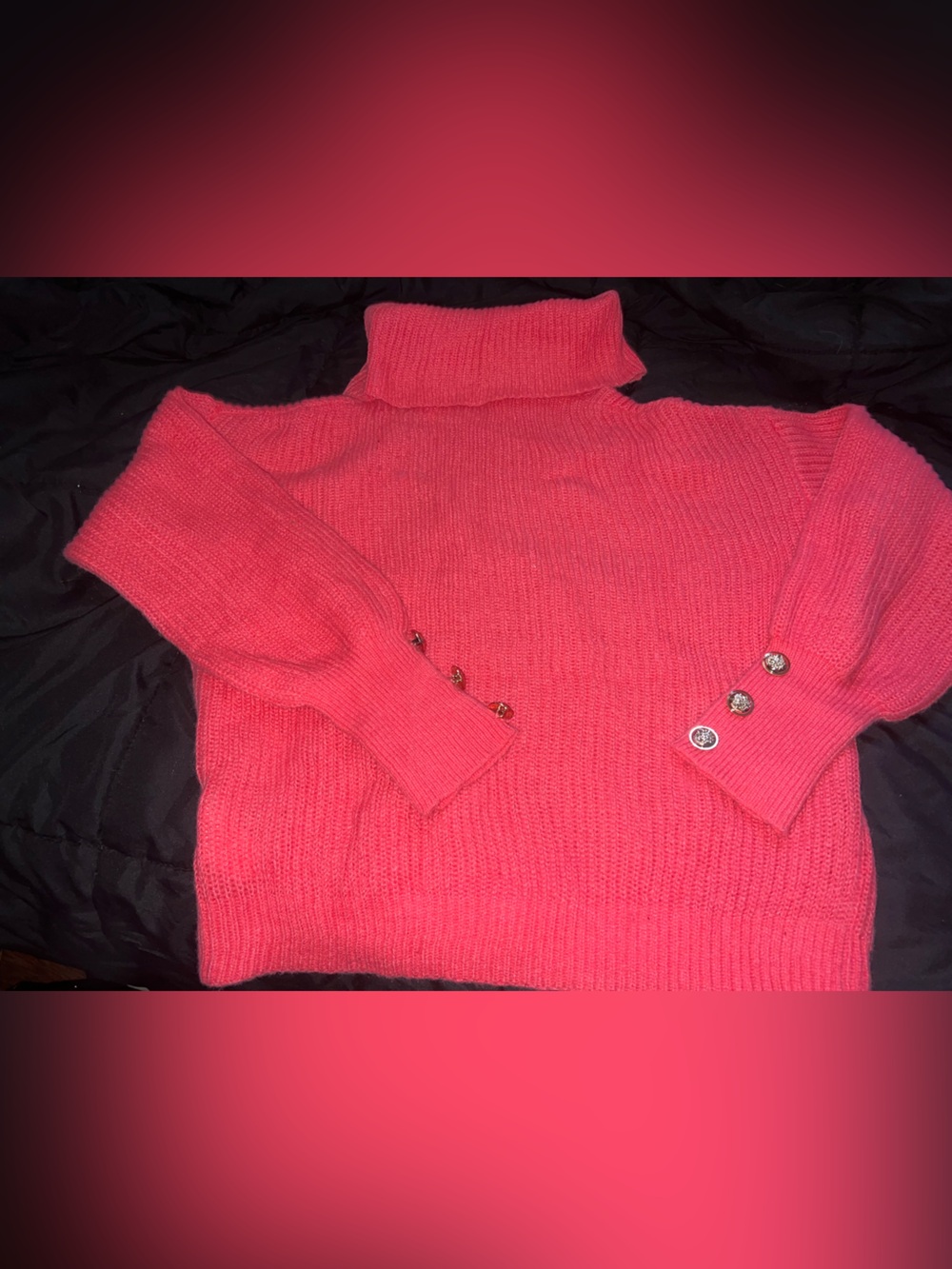 Women's Pink Turtleneck Sweater with Decorative Button Cuffs